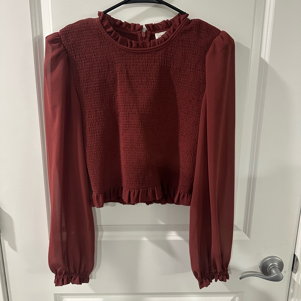 Wilfred Aritzia Tempest Smocked Stretch Ruffle Neck Long Sleeve Chiffon Blouse